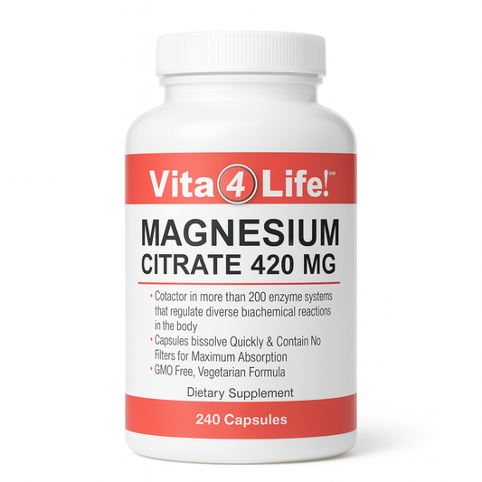 Vita4Life! Magnesium Citrate 420 mg - 240 Capsules  High Absorption Formula for Muscle, Nerve & Heart Support