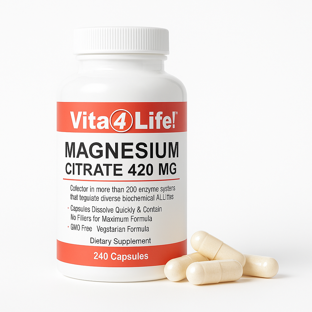 Vita4Life! Magnesium Citrate 420 mg - 240 Capsules  High Absorption Formula for Muscle, Nerve & Heart Support