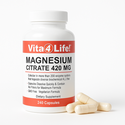 Vita4Life! Magnesium Citrate 420 mg - 240 Capsules  High Absorption Formula for Muscle, Nerve & Heart Support