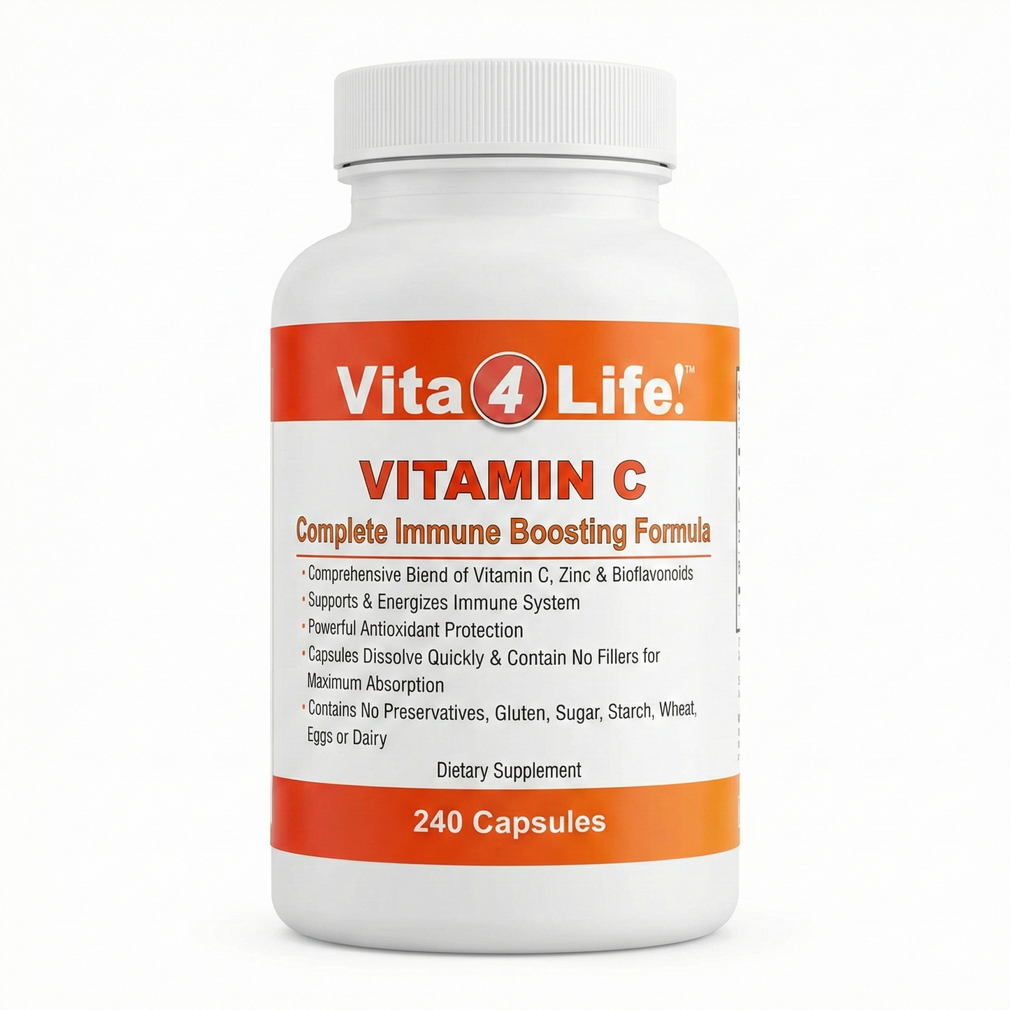 Vita4Life! Vitamin C Immune Support - 240 Capsules - High Potency with Zinc & Bioflavonoids