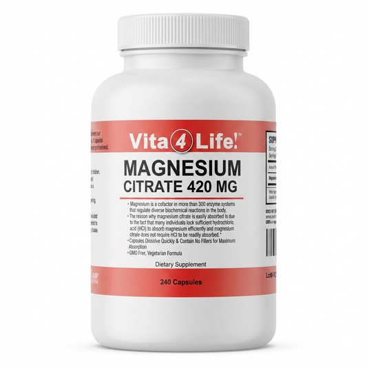Vita4Life! Magnesium Citrate 420 mg - 240 Capsules  High Absorption Formula for Muscle, Nerve & Heart Support
