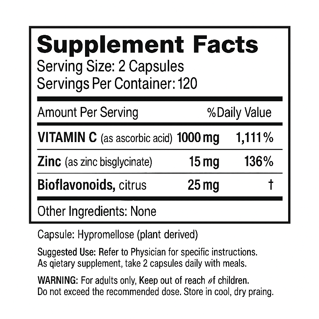 Vita4Life! Vitamin C Immune Support - 240 Capsules - High Potency with Zinc & Bioflavonoids